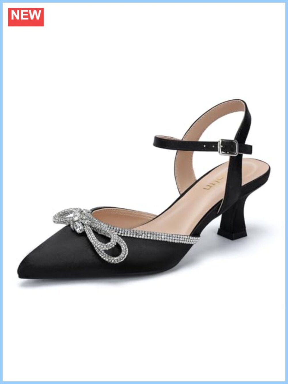 Wide Width Kitten Heels Pumps Rhinestone Bow Pointed Toe Ankle Strap Satin